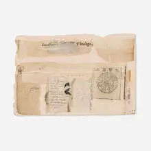 Theologo by Lenore Tawney, 1969, ink, graphite and canvas on paper collage with feather, sold Dec 2024
