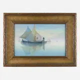 Venetian harbor scene (Vellum plaque) by Carl Schmidt for Rookwood Pottery, c. 1925, glazed earthenware, original frame, sold Nov 2022