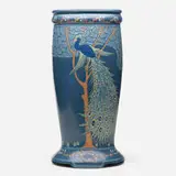 Frederick Hurten Rhead for Roseville Pottery, Decorated Matt umbrella stand with peacock