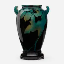 attributed to Kataro Shirayamadani Rookwood Pottery, Rare Black Iris Glaze vase with sparrows and buckeye branches on stand, 1900/1899, glazed earthenware
