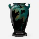 Rare Black Iris Glaze vase with sparrows and buckeye branches on stand by attributed to Kataro Shirayamadani Rookwood Pottery, 1900/1899, glazed earthenware, sold Nov 2022