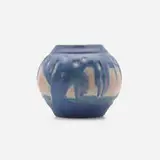 Sadie Irvine for Newcomb College Pottery, Miniature twilight scenic vase with live oaks and Spanish moss