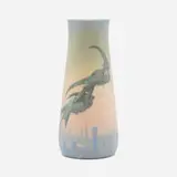 Fred Rothenbusch for Rookwood Pottery, Vellum vase with dueling swallows over a cityscape