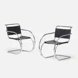 MR lounge chairs, pair by Ludwig Mies van der Rohe, stainless steel, leather, sold Apr 2021