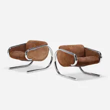 Roger Sprunger, Lounge chairs, pair, c. 1965, chrome-plated steel, suede upholstery