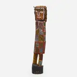 Aboriginal, Bima figure, carved and painted wood, painted coconut fibers
