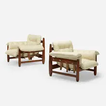 Lounge chairs, pair by Sergio Rodrigues, c. 1960, jacaranda, leather, sold Apr 2021