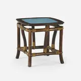 Frances and Michael Higgins, Occasional table, c. 1965, fused glass, bamboo, mahogany, rattan