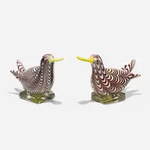 Ducks, pair by Fulvio Bianconi, 1955, lattimo, polychrome fenicio filament, yellow pasta vitrea, sold Apr 2021