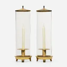 Candles holders, pair by Tommi Parzinger, 1960, brass, glass, sold Apr 2021