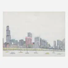 The Lakefront Sept 25, 1983 by Wesley Willis, 1983, ballpoint pen and felt marker on artist's board, sold Apr 2021