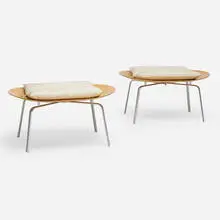 Betulla stools, pair by Vico Magistretti, 1994 / 2016, birch plywood, aluminum, upholstered cushions, sold Apr 2021