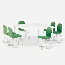 Jasper Morrison, High Pad chairs, set of six, 1999, upholstery, stainless steel, plastic, lacquered wood, lacquered metal