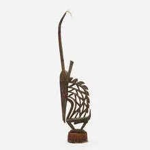Bamana, Ci Wara (male antelope headdress), carved wood, leather, copper, rattan, hair