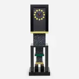 George Sowden, Metropole clock, 1982, laminate over wood, Plexiglas, lacquered wood, enameled aluminum, enameled brass