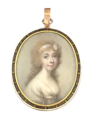 Abraham Daniel, Untitled, wearing a gold and cream high-waisted dress watercolour on ivory