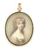 Abraham Daniel, Untitled, wearing a gold and cream high-waisted dress watercolour on ivory