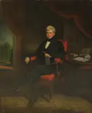 John Bridges, Untitled, in a library holding a book oil on canvas 64 x 51cm