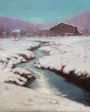 L. Birge Harrison, A Creek through Snow-covered Fields, oil on canvas board
