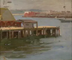 Frank Duveneck, Fishing Pier - East Gloucester, oil on canvas board