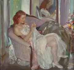 Richard Edward Miller, Young Lady Sewing, oil on canvas