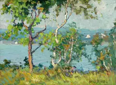 Matilda Brown, A lake viewed through trees; Sheep on a hillside (2), oil on panel