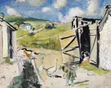 Anne Estelle Rice, Child in Barnyard, oil on canvas board