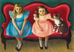 Gladys Rockmore Davis, Two Girls and their Cat on a Red Sofa, oil on canvas