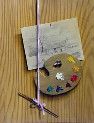 Ernest Albert Land, Tromp L'oeil of a Palette Brush and Sketch, 1959, oil on masonite
