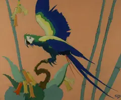 Stark Davis, Blue Parrot on a Branch, watercolor and gouache on paper