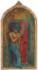 Alison Saar, Puerta roja, 1987, mixed media with plaster and pigments on panel