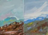 Fateh Moudarres, Town in West Homs, 1997; River in a Mountain (2), first acrylic and graphite on board; second acrylic and sand on board