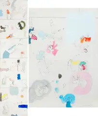 Manuel Hernández Mompó, Siguen la luz, 1969; Fiesta en la calle, 1968 (2), first oil and mixed media on canvas; second mixed media on paper