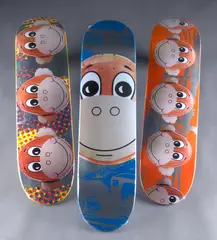 Monkey Train (Yellow), 2006; Monkey Train (Blue), 2006; Monkey Train (Orange), 2006 (3) by Jeff Koons, acrylic and color screenprint on skateboard deck, sold Nov 2008