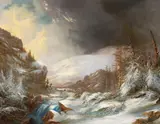 Frederick A. Butman, A Cascading Stream through Snow-covered Mountains, 1863, oil on canvas