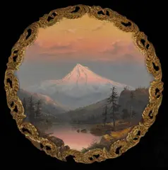 William Samuel Parrott, Mount Hood and Lost Lake, oil on a paper molding with applied composite ornament