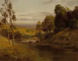 William Keith, Cattle Watering among Sunlit Hills, oil on canvas