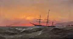 Gideon Jacques Denny, Ship Sailing at Sunset, 1882, oil on canvas on board