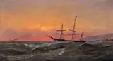Gideon Jacques Denny, Ship Sailing at Sunset, 1882, oil on canvas on board