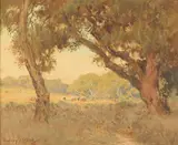 Sydney Janis Yard, Cattle Grazing in a Sunlit Clearing, watercolor on paper board