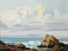 Albert DeRome, Monterey Bay, Clearing Afternoon, 1944; Asilomar Beach, 1949 (a pair), oil on canvas