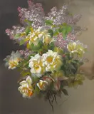 Raoul M. de Longpre, Lilacs and Yellow Roses, gouache on paper