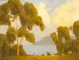 Dewitt Parshall, Eucalyptus Trees with Picnic, circa 1935, oil on board