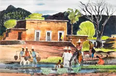 Phil Paradise, Gathering Water; Lining up the Horses (double-sided), watercolor on paper
