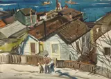 Maurice Logan, Fisherman near Harbor Homes, watercolor on paper