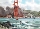 Jade Fon, Surfers at Golden Gate Bridge, Ft. Point, San Francisco