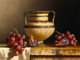 Loran Speck, Grapes, Figs, and an Amphora with Bichrome Decoration, oil on masonite