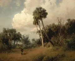 Hermann Herzog, A Hunter among Windswept Palms and Passing Clouds, oil on canvas