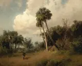 Hermann Herzog, A Hunter among Windswept Palms and Passing Clouds