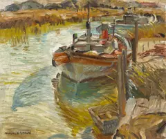 Double Enders, Docked by Maurice Logan, oil on canvas, sold Aug 2008